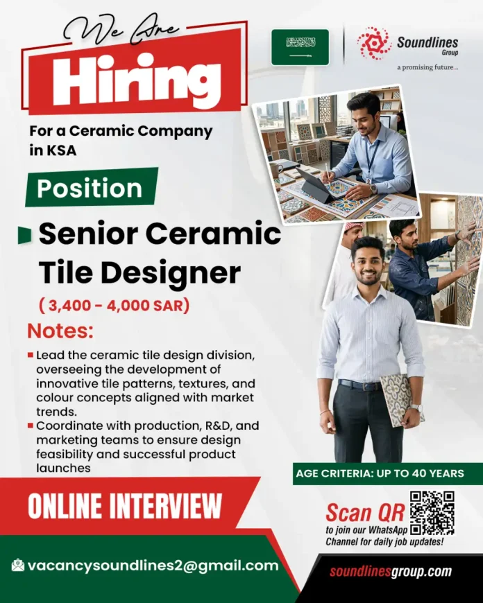 Senior Ceramic Tile Designer Job Opening at Soundlines Group in KSA