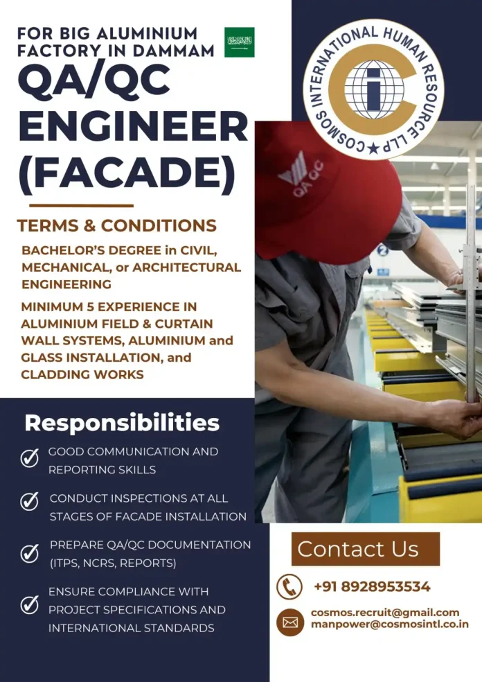 QA/QC Engineer inspecting aluminium facade installation at factory