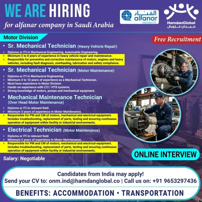 Sr. Mechanical Technician heavy vehicle repair alfanar job Saudi Arabia