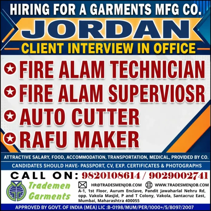 Garments manufacturing company hiring in Jordan for fire alarm technician and other roles