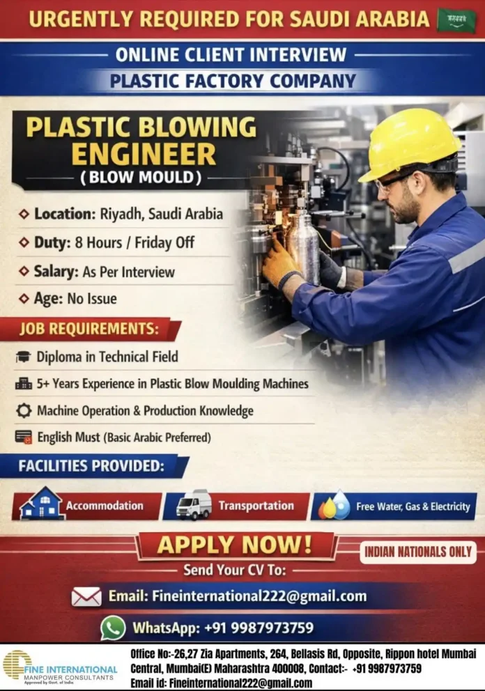 Plastic Blowing Engineer job in Saudi Arabia – Blow Moulding factory