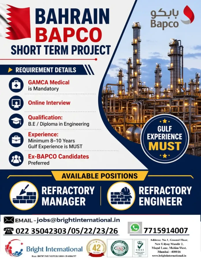 BAPCO Bahrain Refractory Manager Engineer recruitment poster
