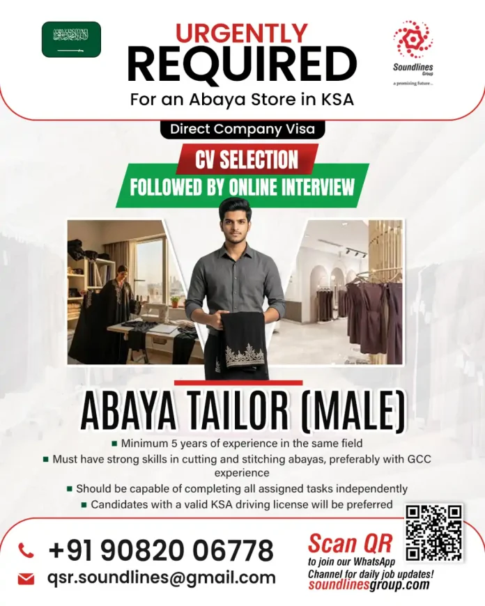 Abaya Tailor working on a sewing machine with traditional abaya fabric