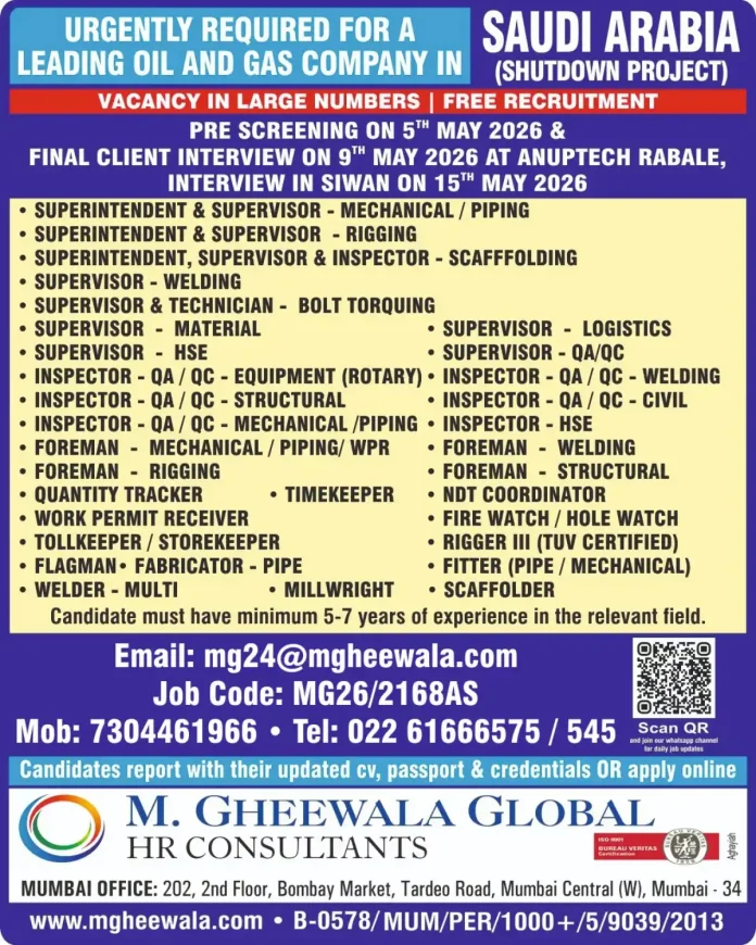 M. Gheewala Global HR Consultants job posting for Oil and Gas positions in Saudi Arabia shutdown project