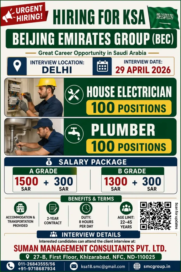 House Electrician and Plumber jobs in Saudi Arabia by Beijing Emirates Group