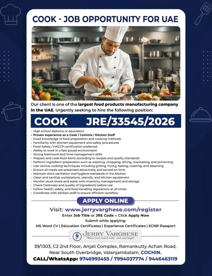Cook working in a professional kitchen at a food manufacturing company in UAE