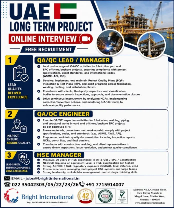 QA/QC and HSE job opportunities in UAE with Bright International