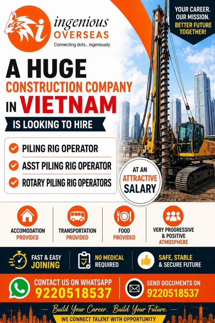 Construction piling rig operator working on a site in Vietnam
