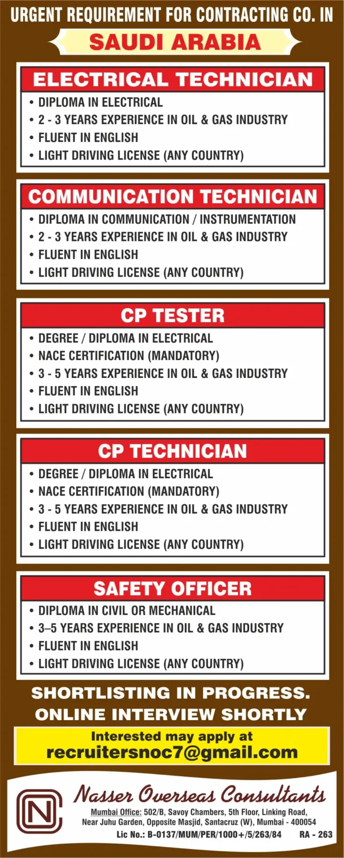 Nasser Overseas Consultants Recruitment Saudi Arabia Oil and Gas Jobs