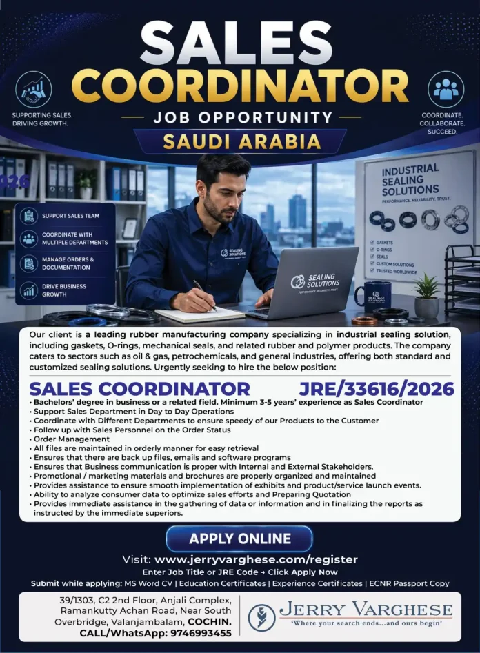 Sales Coordinator job posting for industrial sealing solutions company