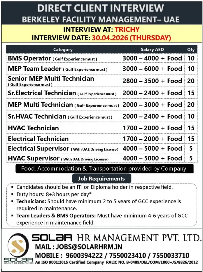 Berkeley Facility Management UAE Interview Trichy