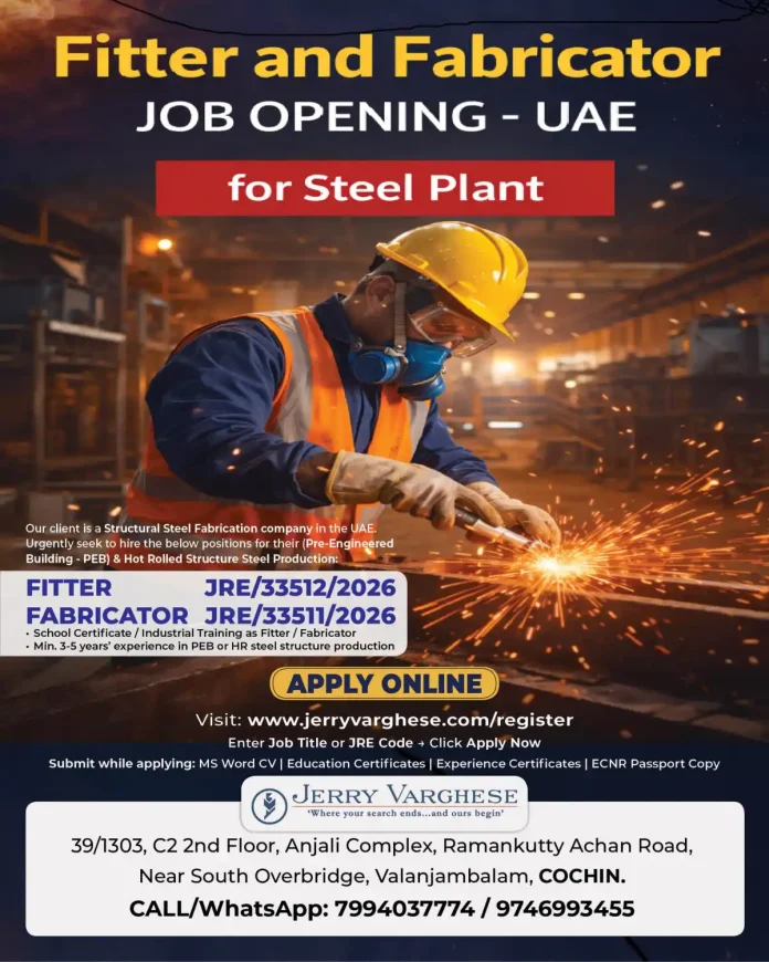 Fitter and Fabricator job openings in UAE for steel plant