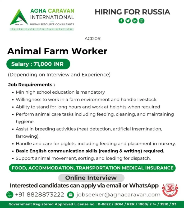 Animal Farm Worker job in Russia with benefits