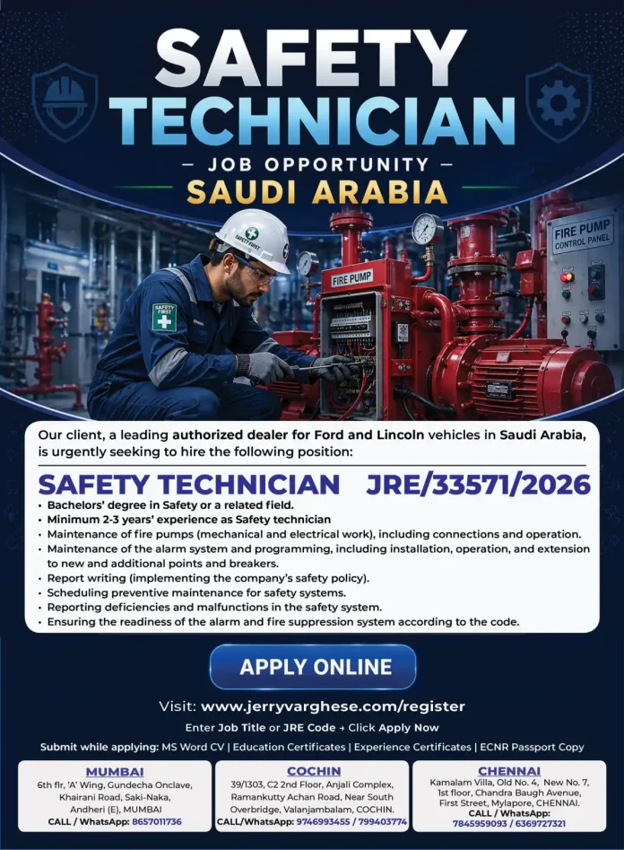 Safety Technician job in Saudi Arabia with fire pump and alarm system maintenance
