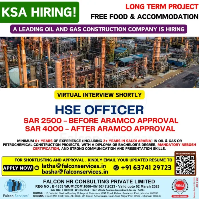 HSE Officer job Saudi Arabia oil and gas construction free accommodation