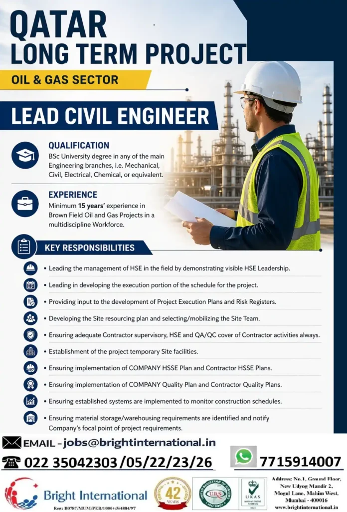 Lead Civil Engineer job in Qatar oil and gas sector