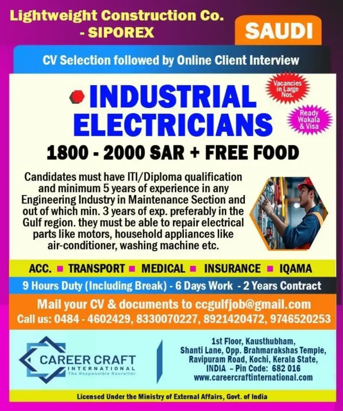 Industrial Electrician working on electrical maintenance in Saudi Arabia construction site