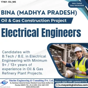 Electrical Engineer Job Openings at Oil Gas Refinery Plant Project in Bina Madhya Pradesh