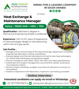 Heat Exchanger Maintenance Manager Job Opportunity in Saudi Arabia Oil & Gas Industry