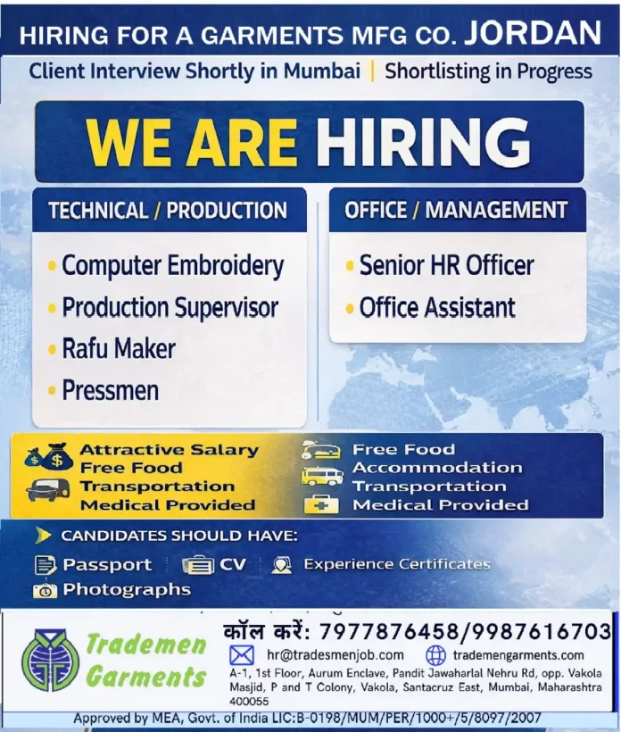 Hiring for Garments Manufacturing Company in Jordan - Interview in Mumbai