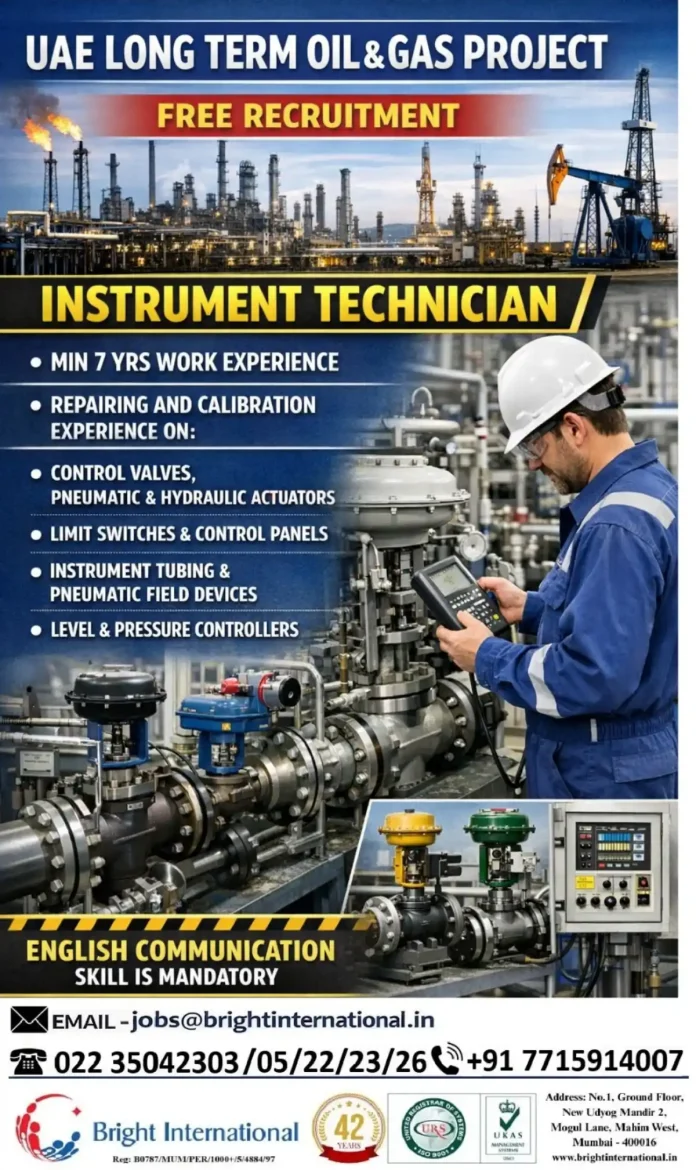 Instrument Technician working on oil and gas equipment in UAE
