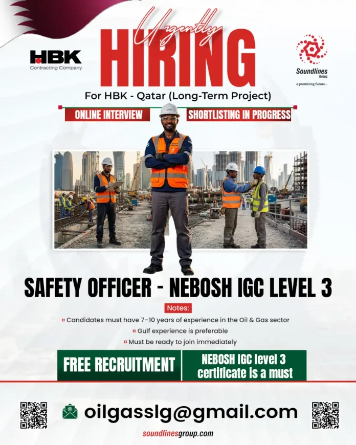 Safety Officer NEBOSH IGC Level 3 Job Opportunity at HBK Contracting Company Qatar