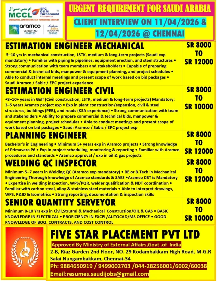 Urgent Saudi Arabia Engineering Jobs Recruitment Drive Chennai