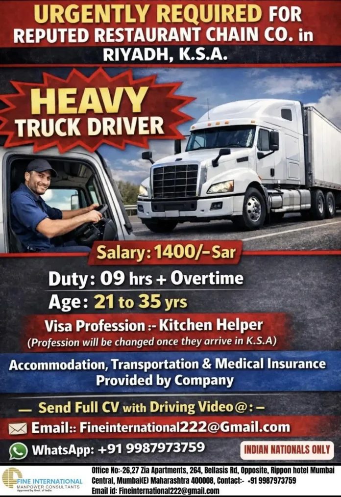 Heavy Truck Driver Job Opportunity in Riyadh for Indian Nationals