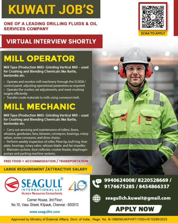 Mill Operator and Mill Mechanic job opportunities in Kuwait for drilling fluids company