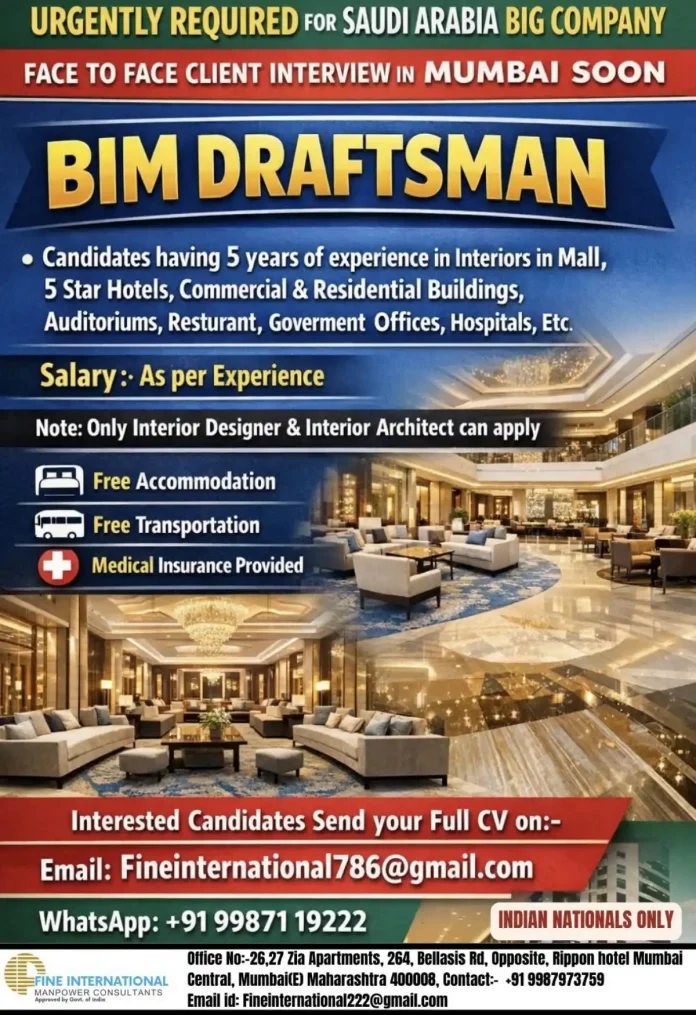 BIM Draughtsman Job Opportunity in Saudi Arabia with Mumbai Interview