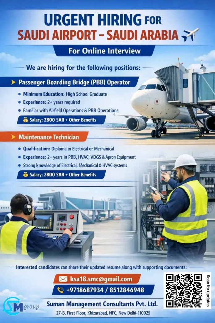 Career opportunities for PBB Operator and Maintenance Technician at Saudi Airport