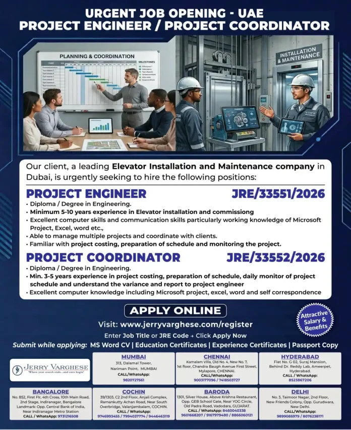Urgent Job Opening for Project Engineer and Project Coordinator in Dubai Elevator Company