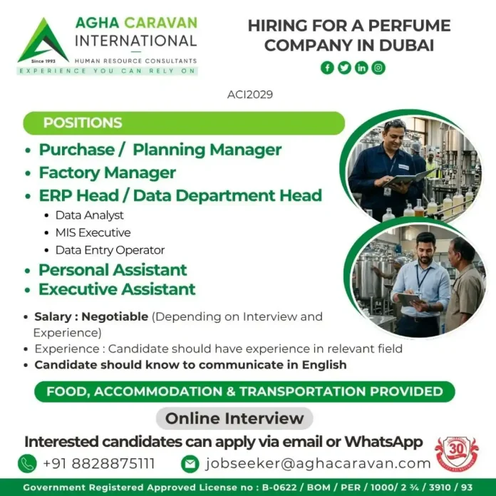 Perfume manufacturing jobs in Dubai with accommodation and food provided