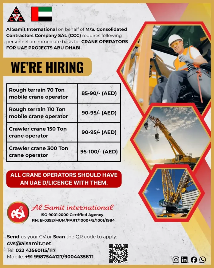 Crane operator operating heavy machinery at a construction site in Abu Dhabi, UAE