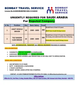 Bombay Travel Service Saudi Arabia Job Recruitment