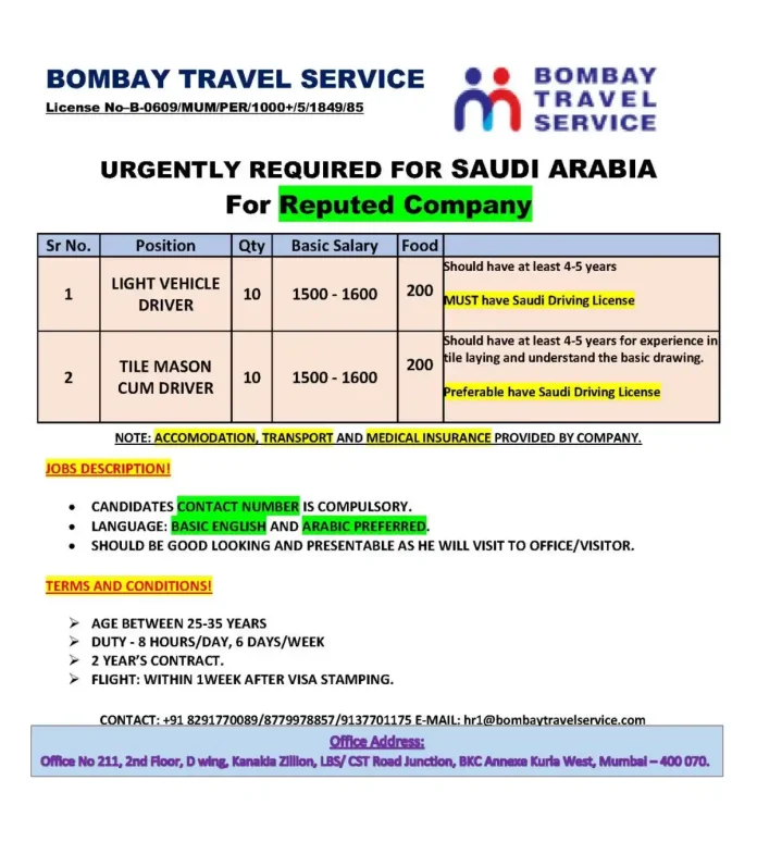 Bombay Travel Service Saudi Arabia Job Recruitment
