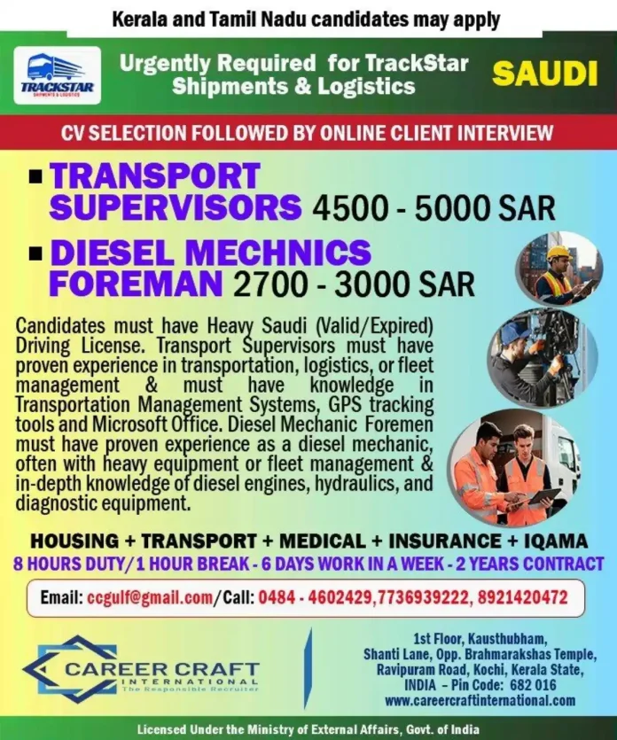 TrackStar Saudi Arabia Job Recruitment for Transport Supervisors and Diesel Mechanic Foremen