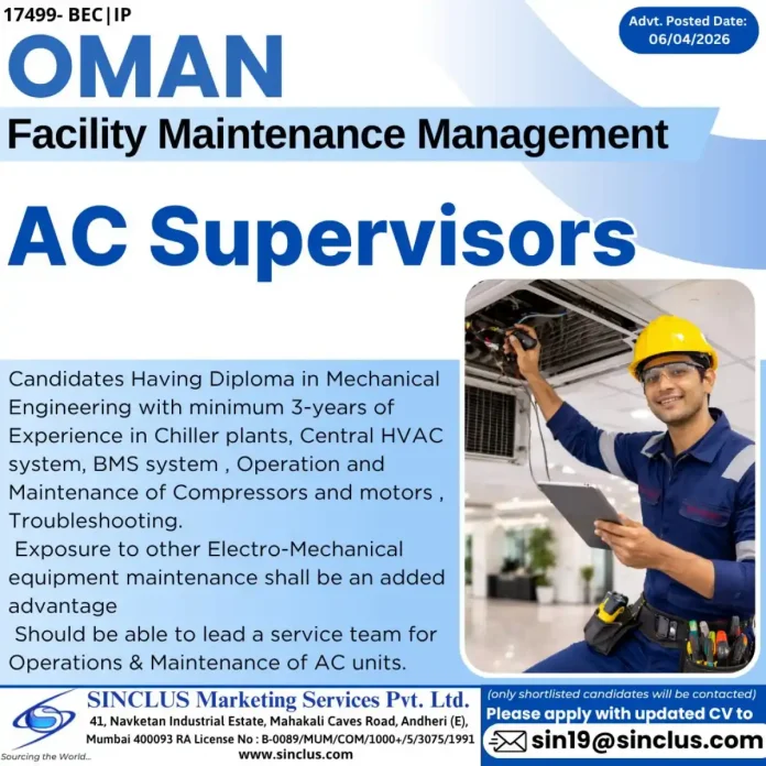 AC Supervisor job opening in Oman for facility maintenance management