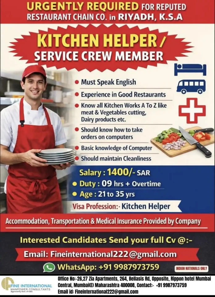Kitchen Helper Job Opportunity in Riyadh Restaurant
