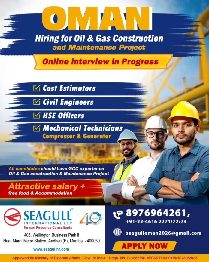Oil and Gas Construction Project Jobs in Oman recruitment by Seagull 40 International