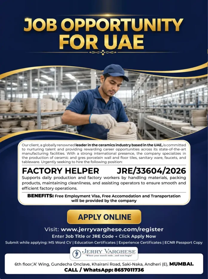 Factory helper working in a ceramics manufacturing facility in UAE