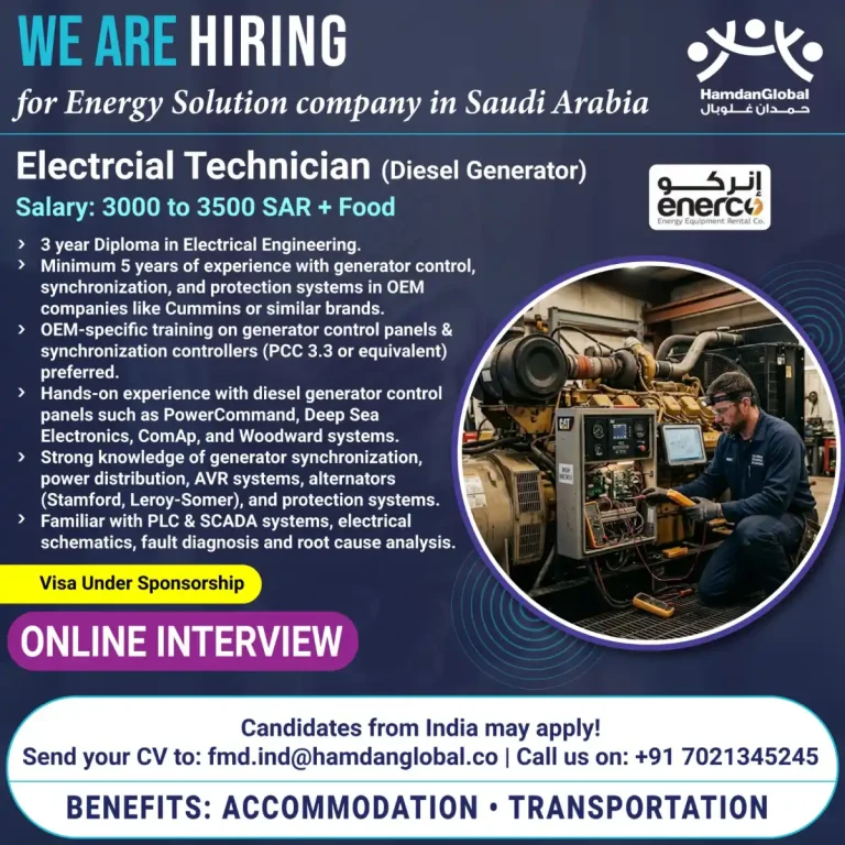 Electrical Technician (Diesel Generator) – Saudi Arabia | Energy Solution Company