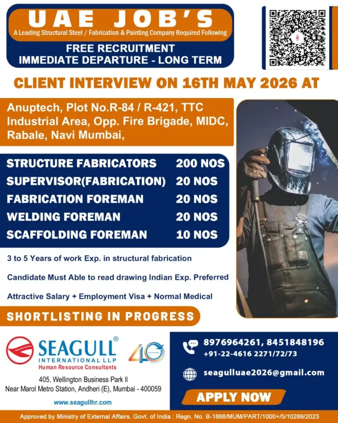 UAE steel fabrication jobs interview on 16th May 2026 at Navi Mumbai