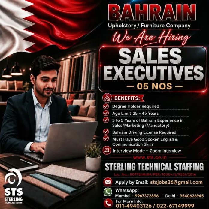 Sterling Technical Staffing hiring Sales Executives for Bahrain furniture company