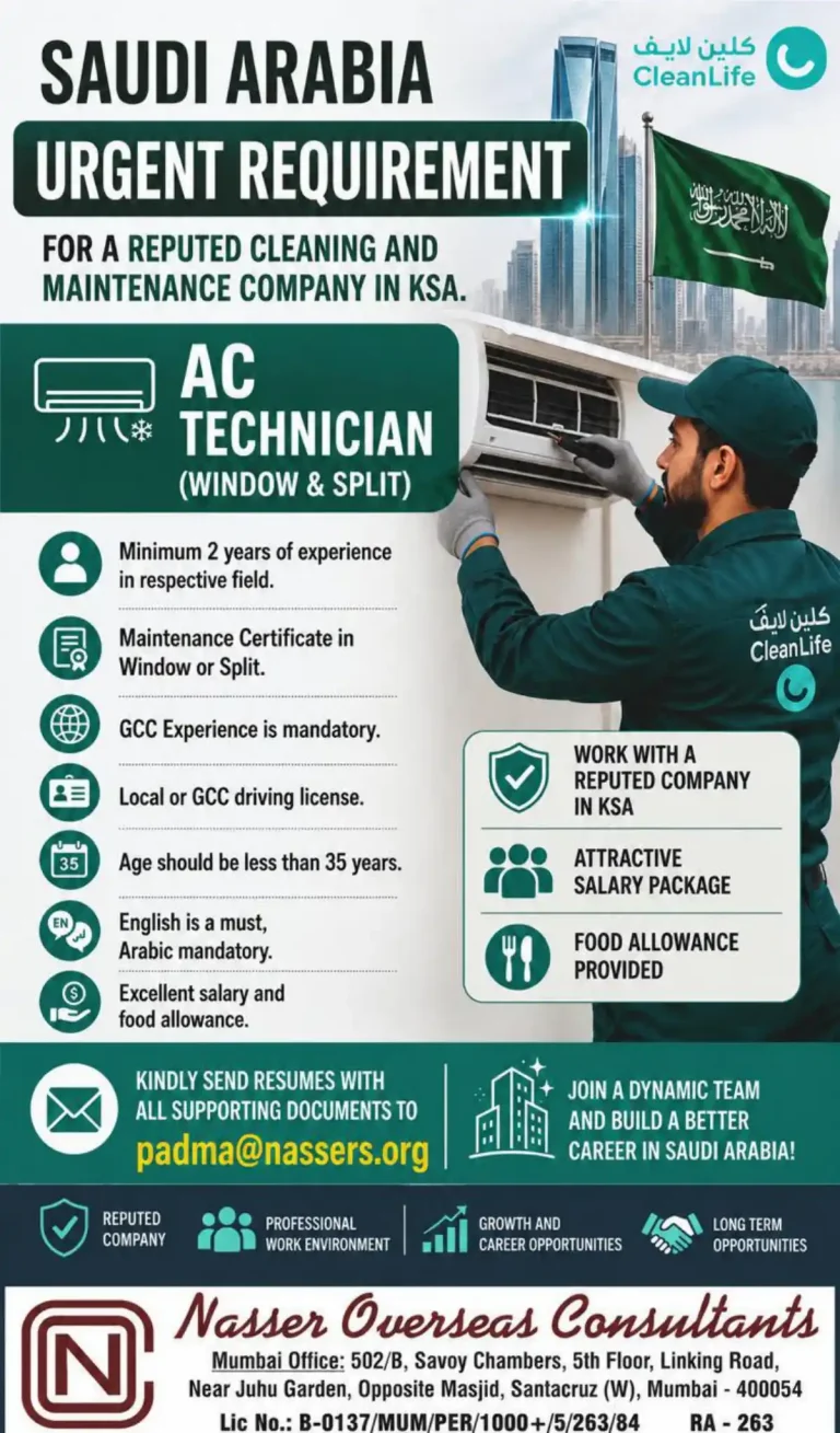 AC Technician (Window & Split) Job in Saudi Arabia – Urgent Hiring