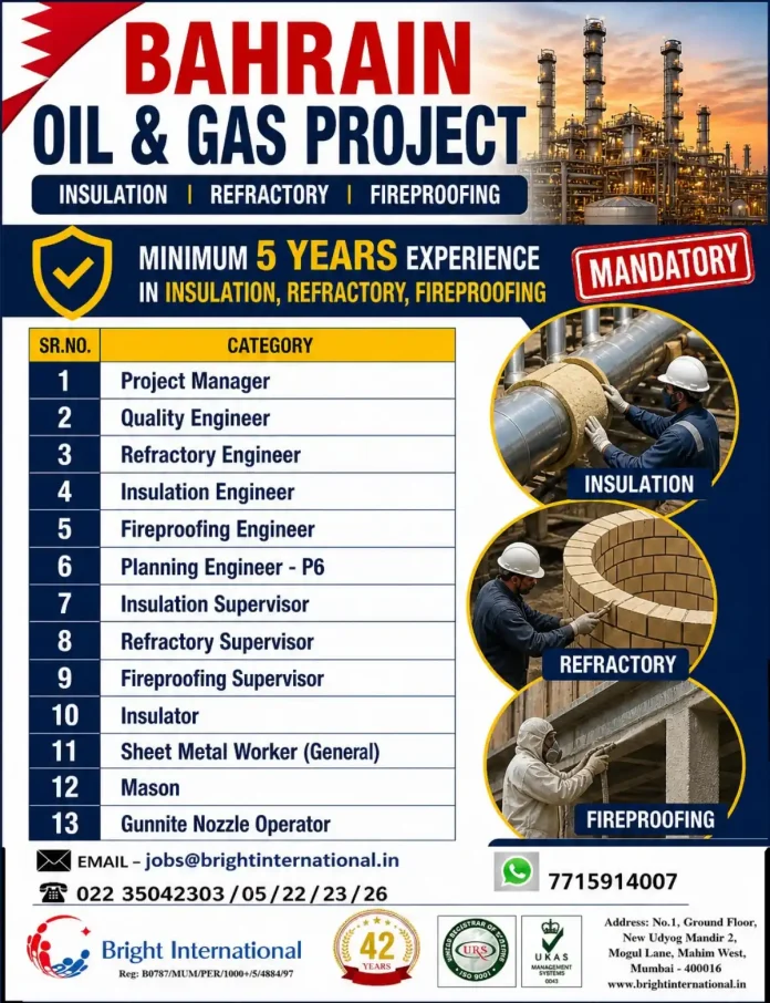 Bahrain Oil & Gas Insulation Refractory Fireproofing Jobs