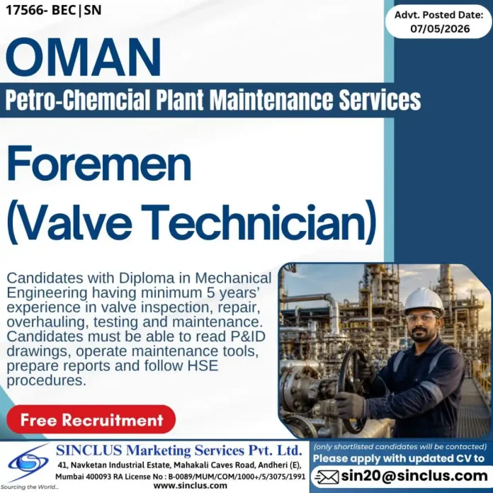 Foremen Valve Technician job posting for Oman petrochemical plant