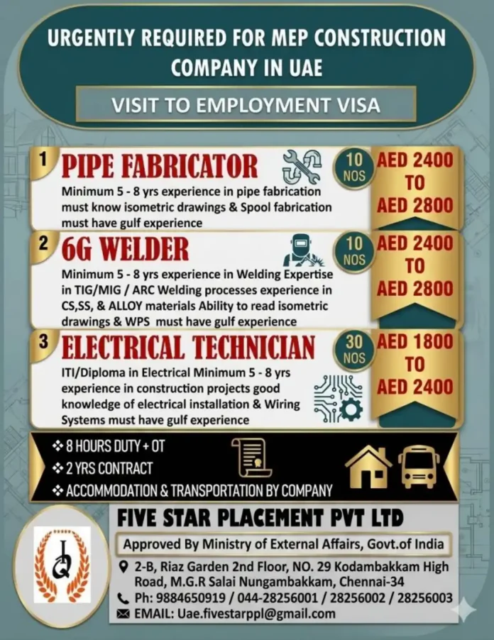 MEP construction jobs in UAE for pipe fabricator welder and electrical technician