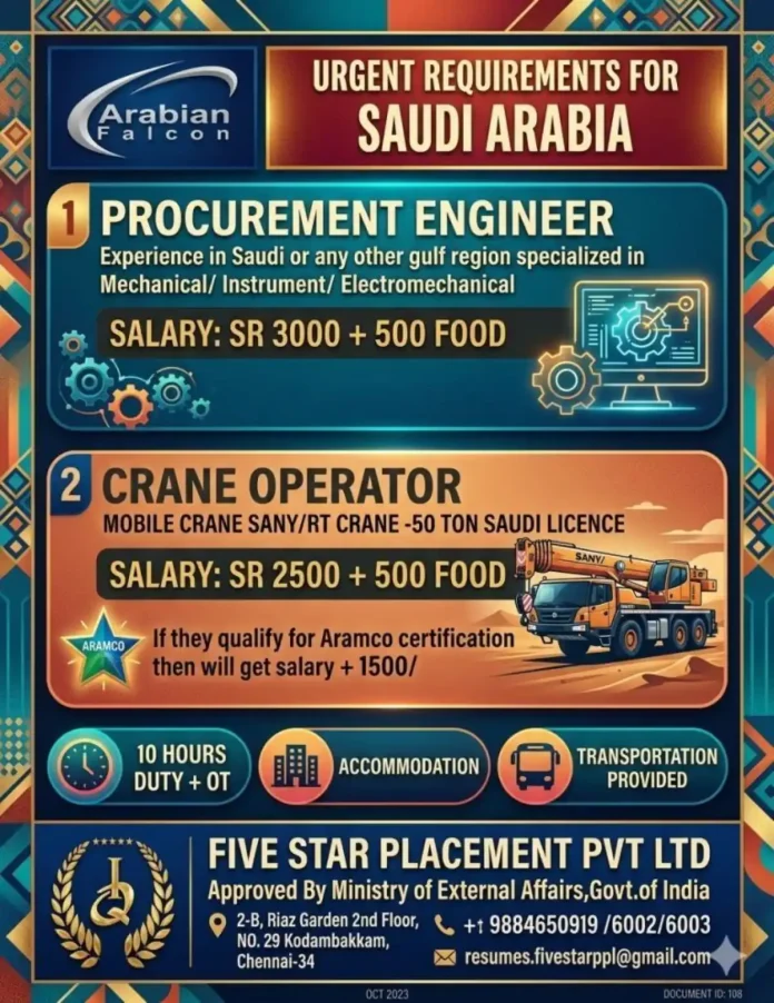 Arabian Falcon recruitment flyer for Procurement Engineer and Crane Operator jobs in Saudi Arabia