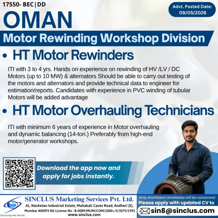 HT Motor Rewinder job vacancy Oman Sinclus recruitment